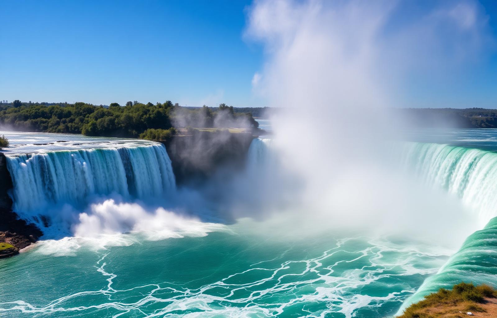 Aerial view of Niagara Horseshoe Falls with rising mist